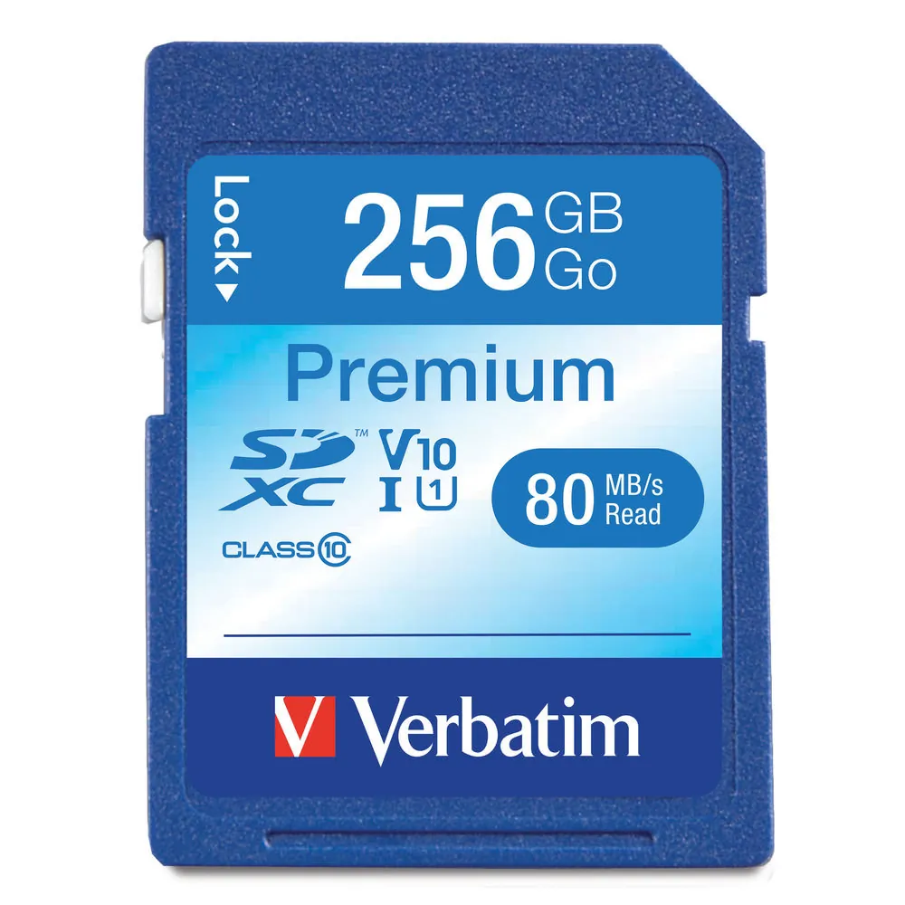 VERBATIM 99828 — Verbatim 256GB Premium SDXC Memory Card, UHS-I V10 U1 Class 10 - 90 MB/s Read - Lifetime Warranty