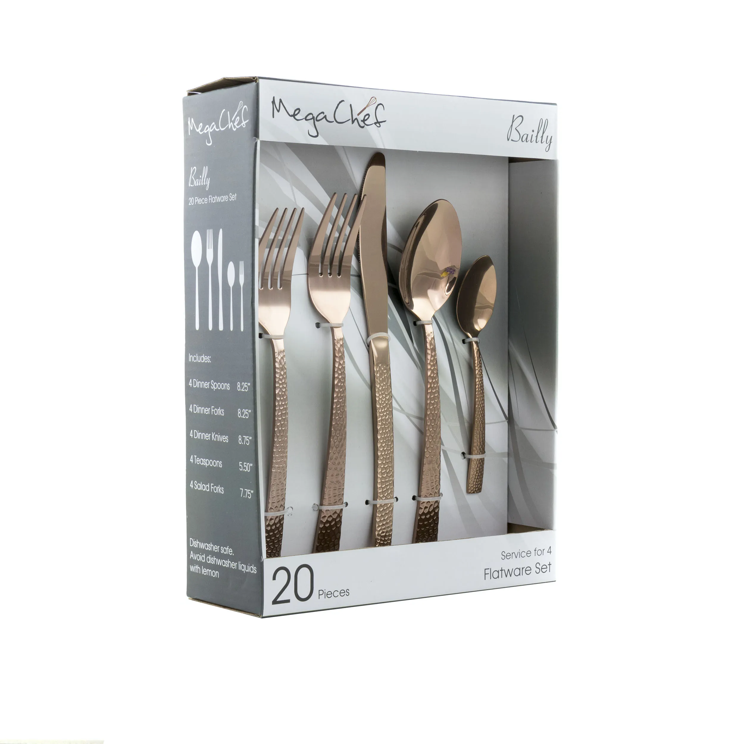 MegaChef MCFW-BAILY-ROSEGOLD — MegaChef Baily 20 Piece Flatware Utensil Set, Stainless Steel Silverware Metal Service for 4 in Rose Gold