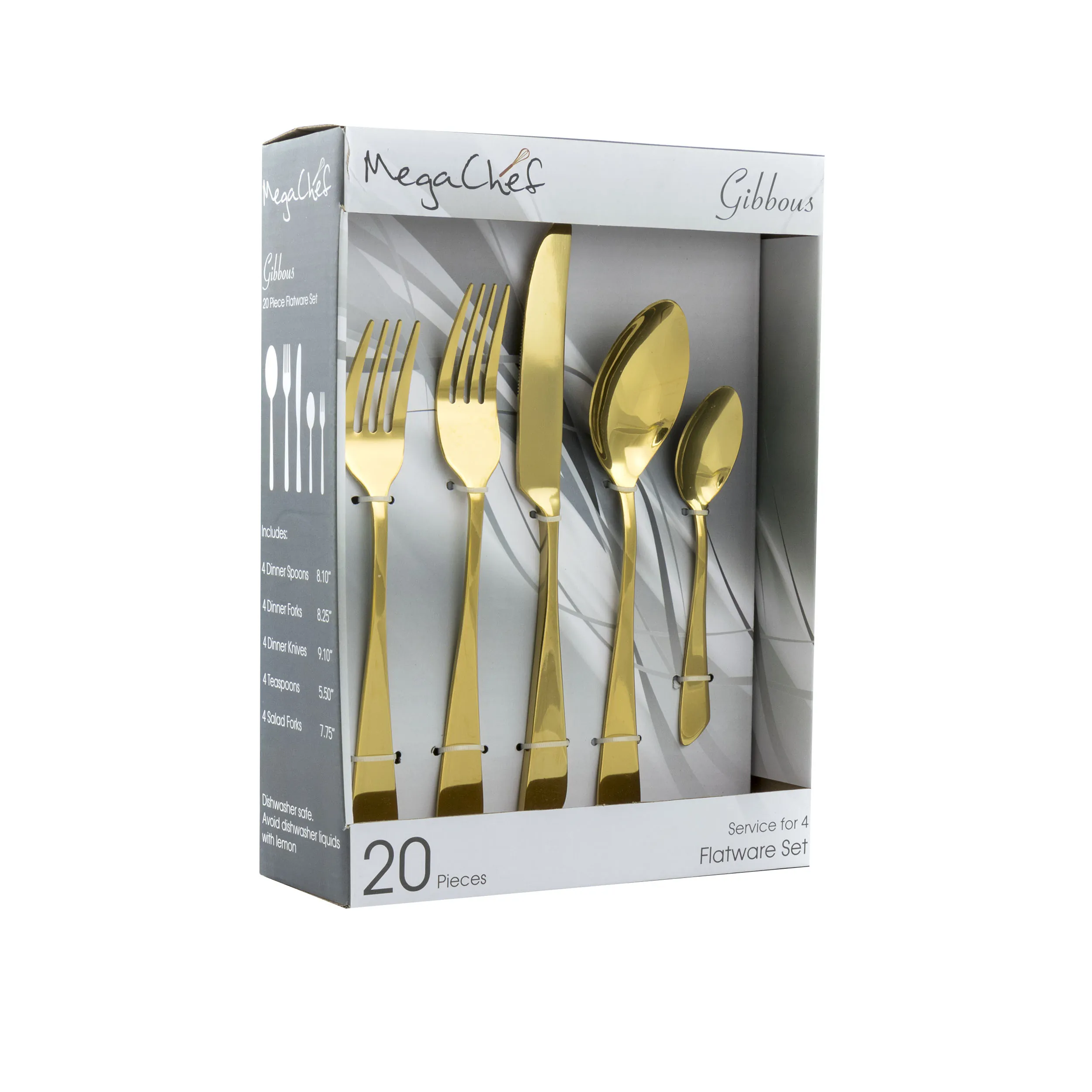 MegaChef MCFW-GIBBOUS-GOLD — MegaChef Gibbous 20 Piece Flatware Utensil Set, Stainless Steel Silverware Metal Service for 4 in Gold