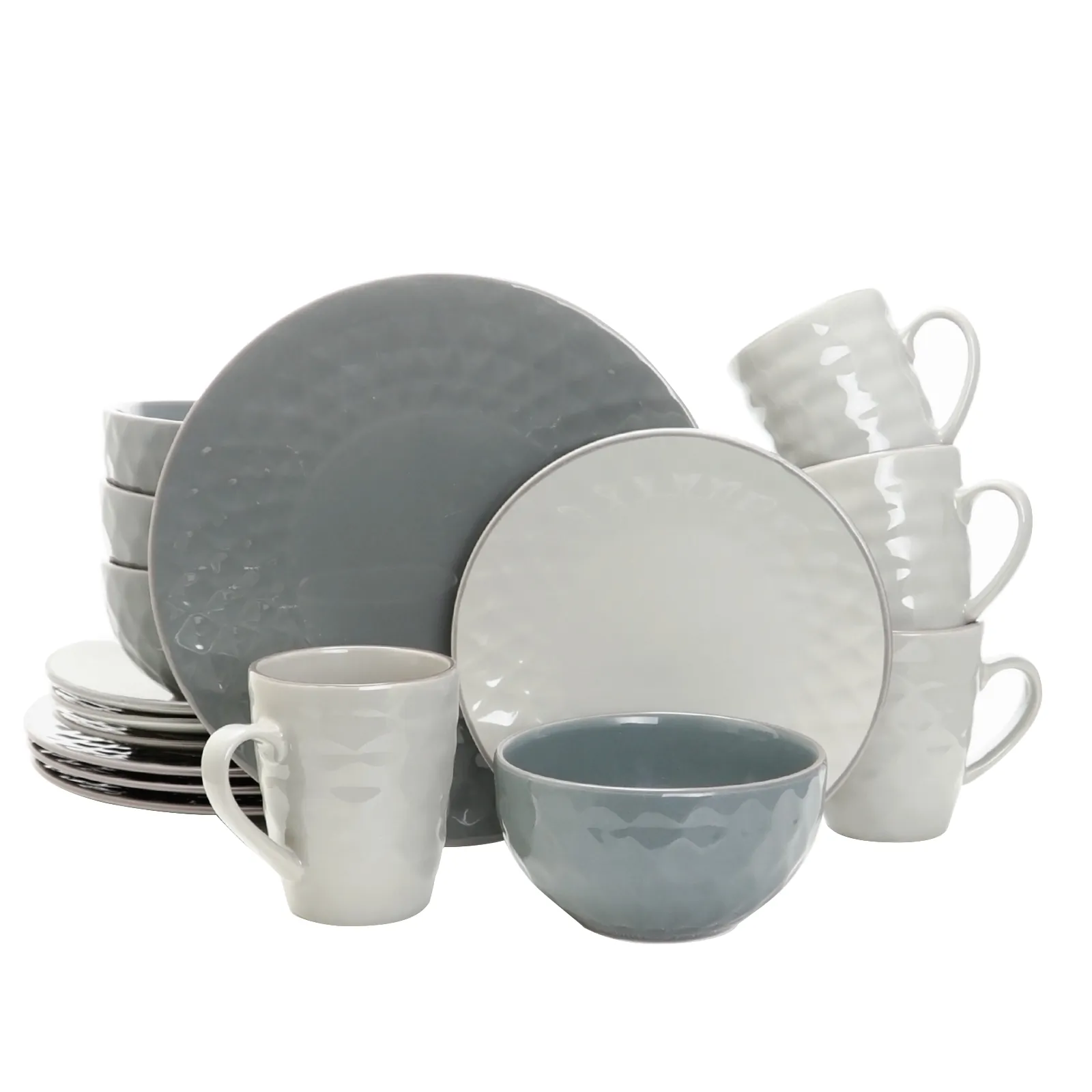 ELAMA EL-TAHITIANDIAMOND — Elama Tahitian Diamond 16 Piece Stoneware Dinnerware Set in Slate and Pearl