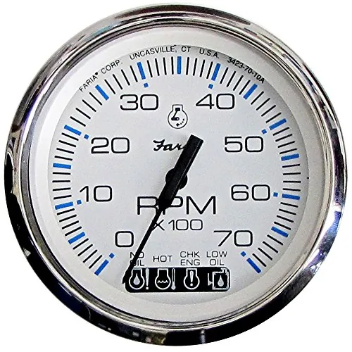 Faria Beede Instruments 33850 — Faria Chesapeake White SS 4" Tachometer w/Systemcheck Indicator - 7000 RPM (Gas) (Johnson/Evinrude Outboard)