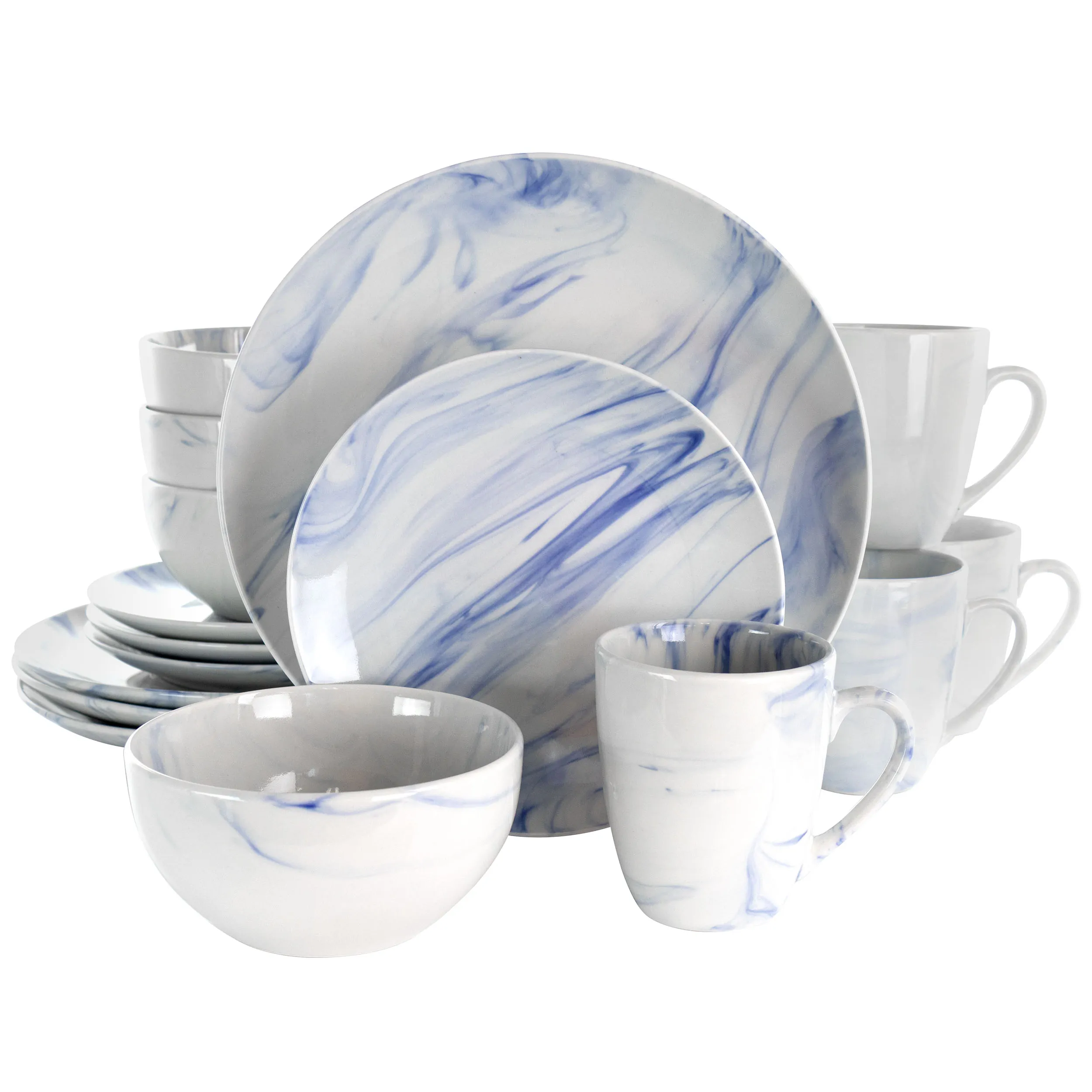 ELAMA EL-MBLUE — Elama Fine Marble 16 Piece Stoneware Dinnerware Set in Blue and White