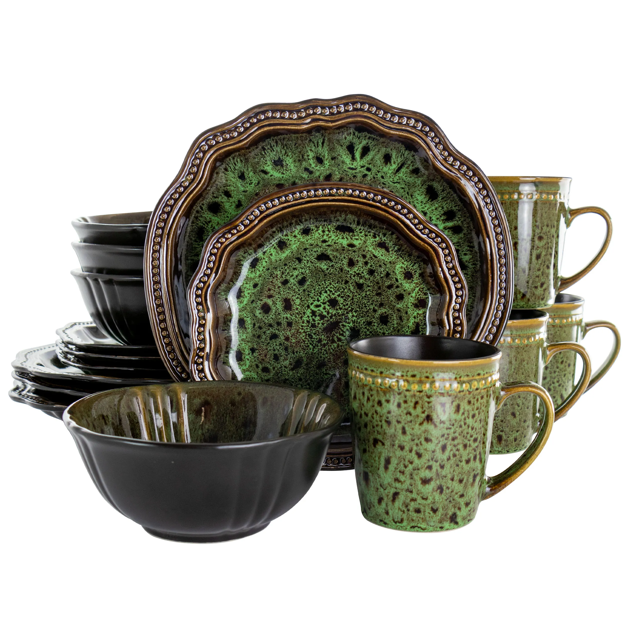 ELAMA EL-JADEWAVES — Elama Jade Waves 16 Piece Stoneware Dinnerware Set in Green