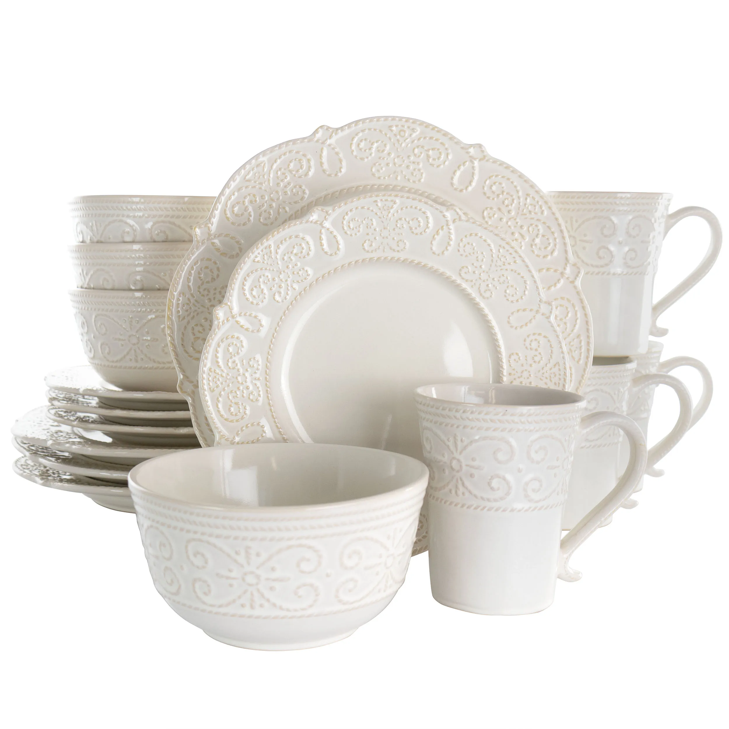 ELAMA EL-LUNA16 — Elama Luna 16 Piece Embossed Scalloped Stoneware Dinnerware Set in White