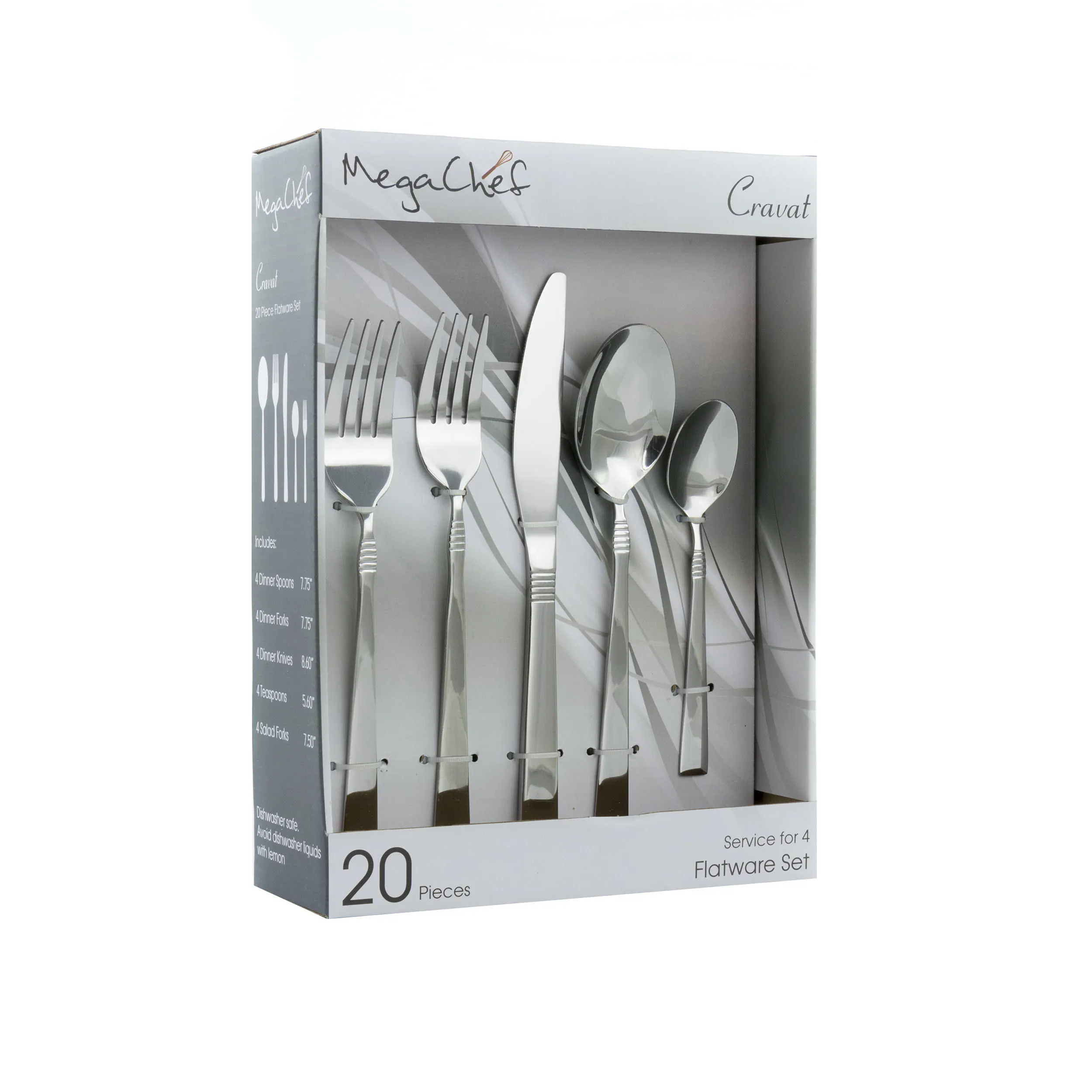 MegaChef MCFW-CRAVAT-SILVER — MegaChef Cravat 20 Piece Flatware Utensil Set, Stainless Steel Silverware Metal Service for 4 in Silver