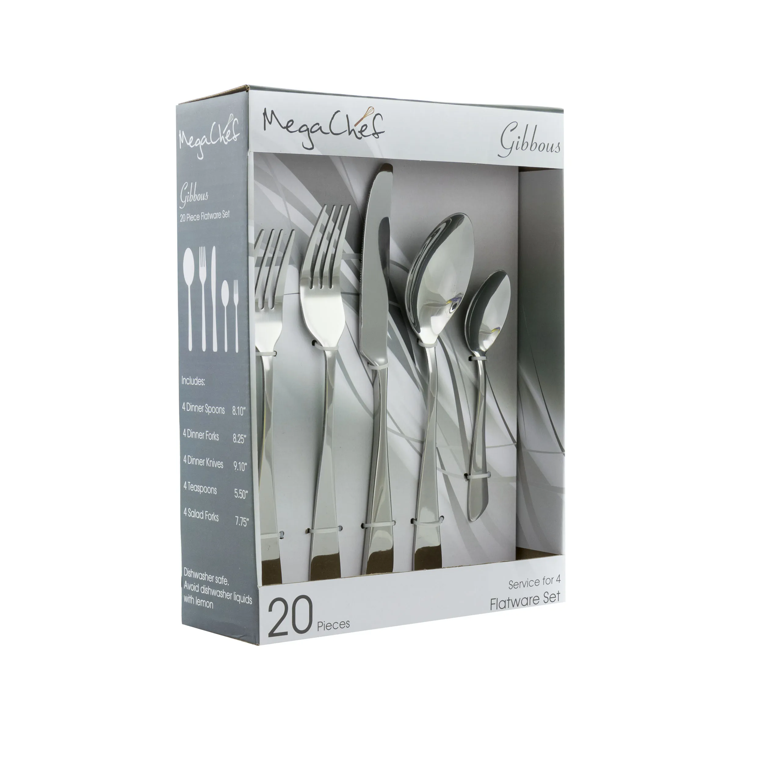 MegaChef MCFW-GIBBOUS-SILVER — MegaChef Gibbous 20 Piece Flatware Utensil Set, Stainless Steel Silverware Metal Service for 4 in Silver