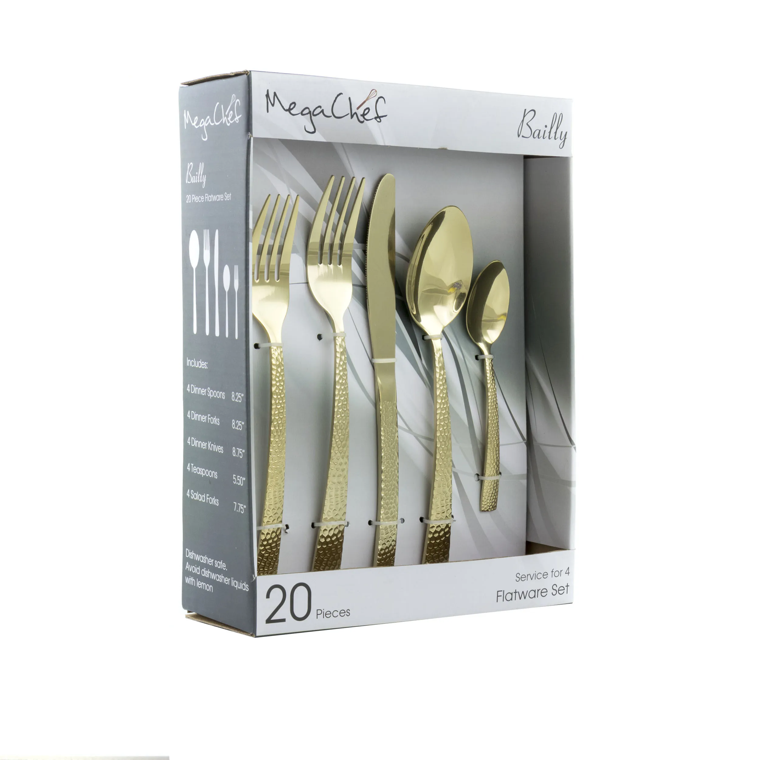 MegaChef MCFW-BAILY-LIGHTGOLD — MegaChef Baily 20 Piece Flatware Utensil Set, Stainless Steel Silverware Metal Service for 4 in Light Gold