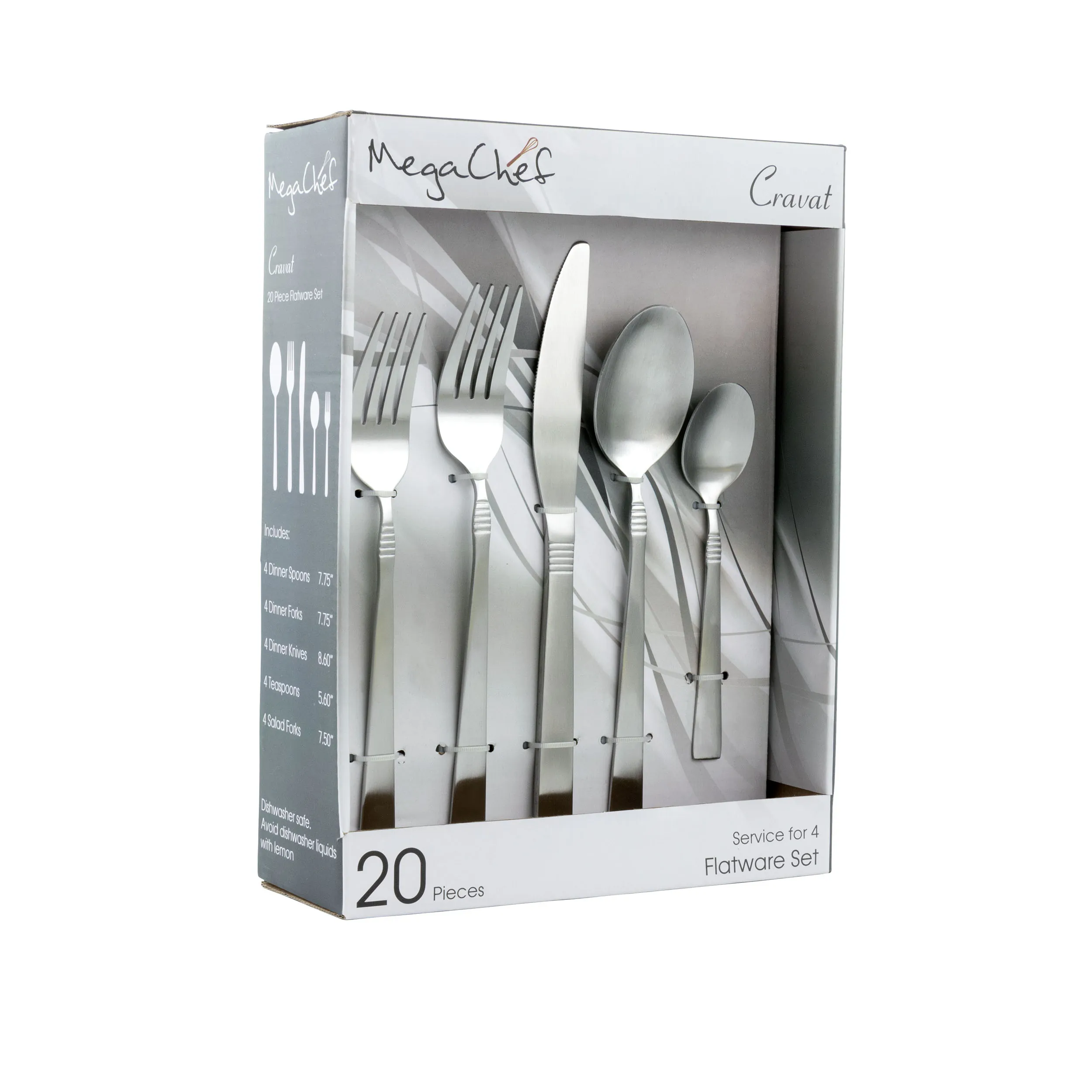 MegaChef MCFW-CRAVAT-MATTESILVER — MegaChef Cravat 20 Piece Flatware Utensil Set, Stainless Steel Silverware Metal Service for 4 in Matte Silver