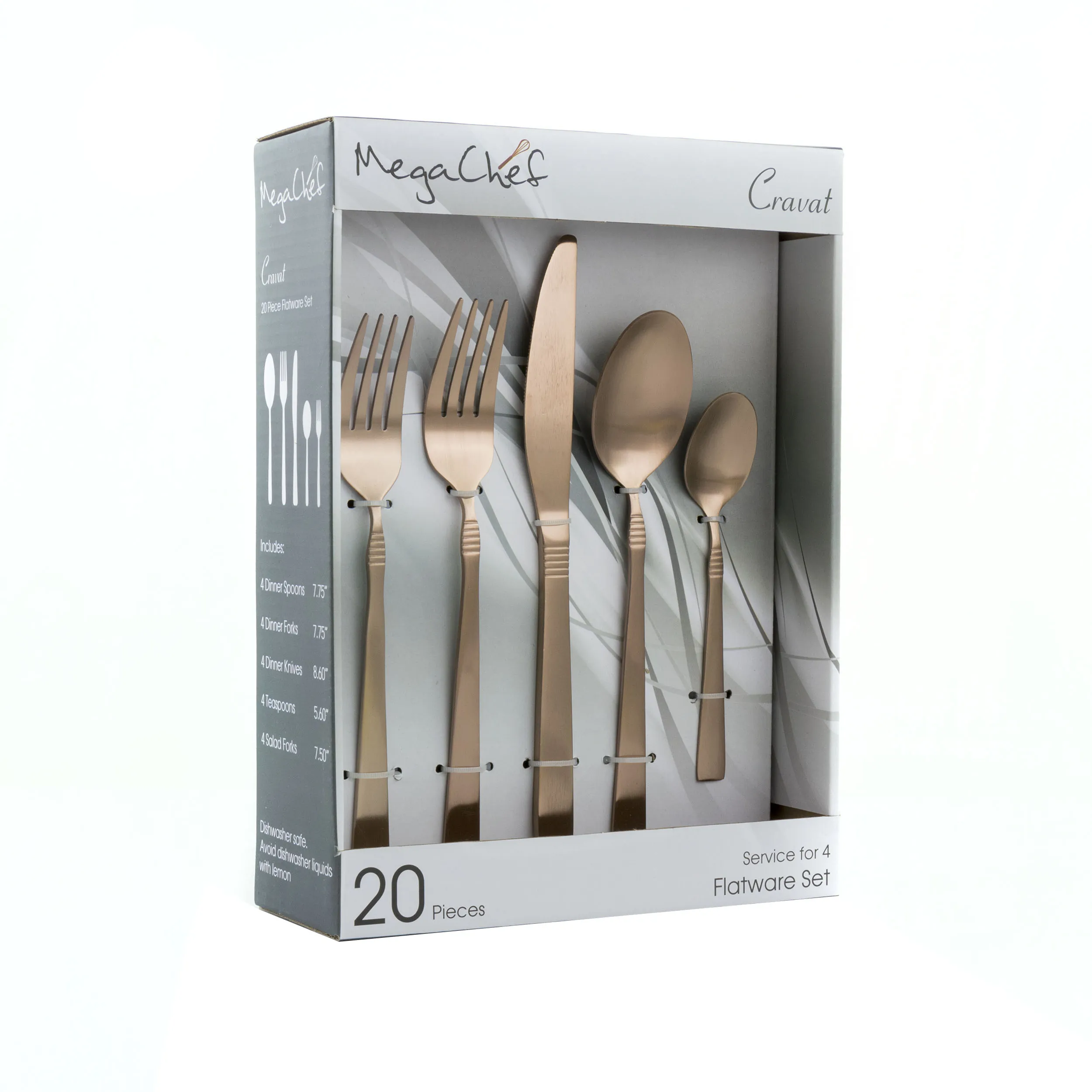 MegaChef MCFW-CRAVAT-MATTEROSE — MegaChef Cravat 20 Piece Flatware Utensil Set, Stainless Steel Silverware Metal Service for 4 in Matte Rose