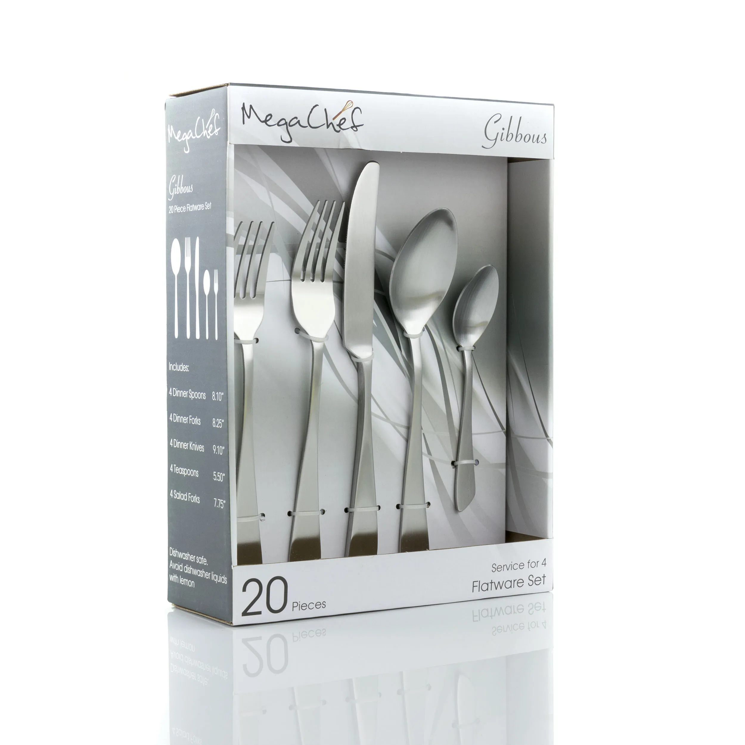 MegaChef MCFW-GIBBOUS- MATTESILVER — MegaChef Gibbous 20 Piece Flatware Utensil Set, Stainless Steel Silverware Metal Service for 4 in Matte Silver