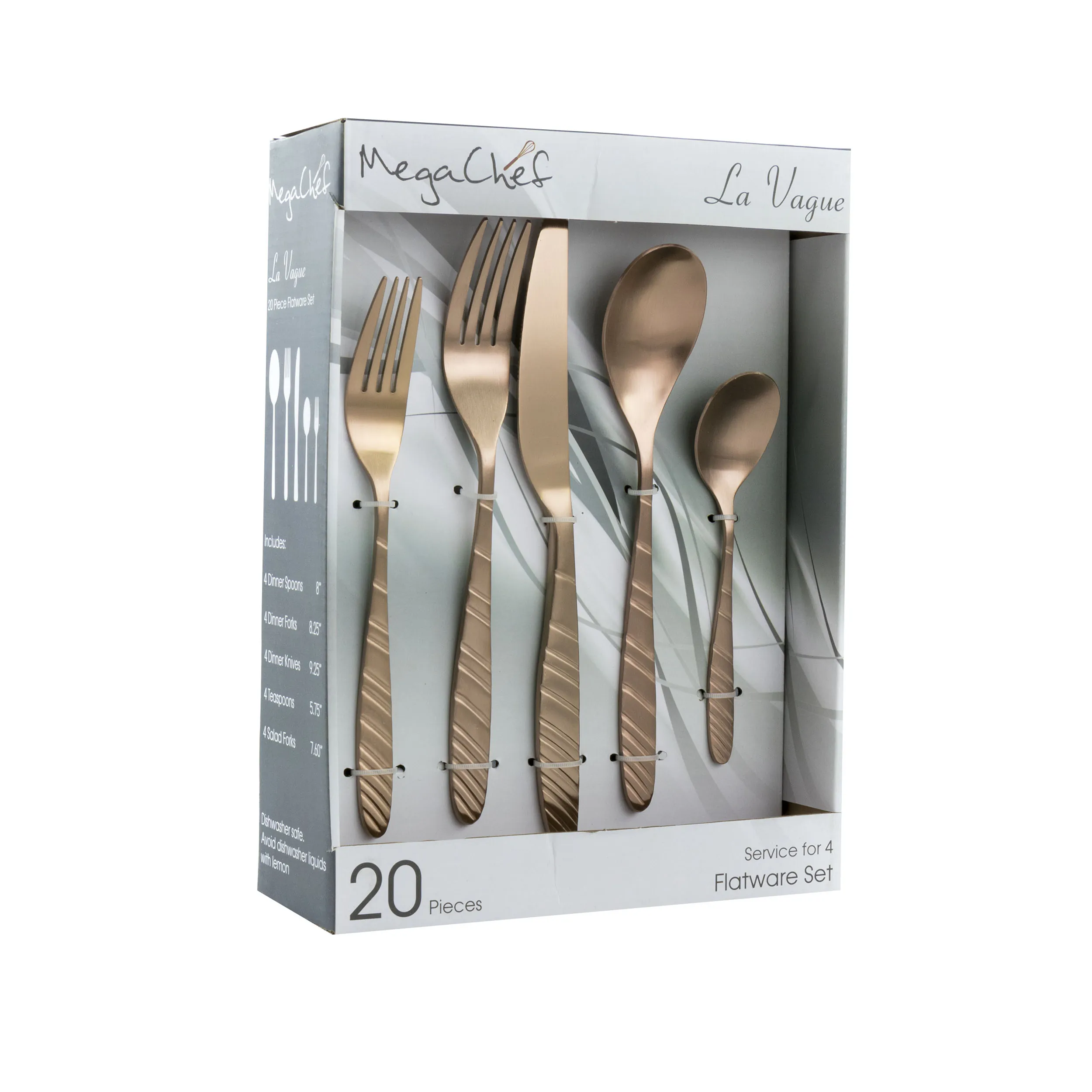 MegaChef MCFW-LA VAGUE-MATTEROSEGOLD — MegaChef La Vague 20 Piece Flatware Utensil Set, Stainless Steel Silverware Metal Service for 4 in Matte Rose Gold