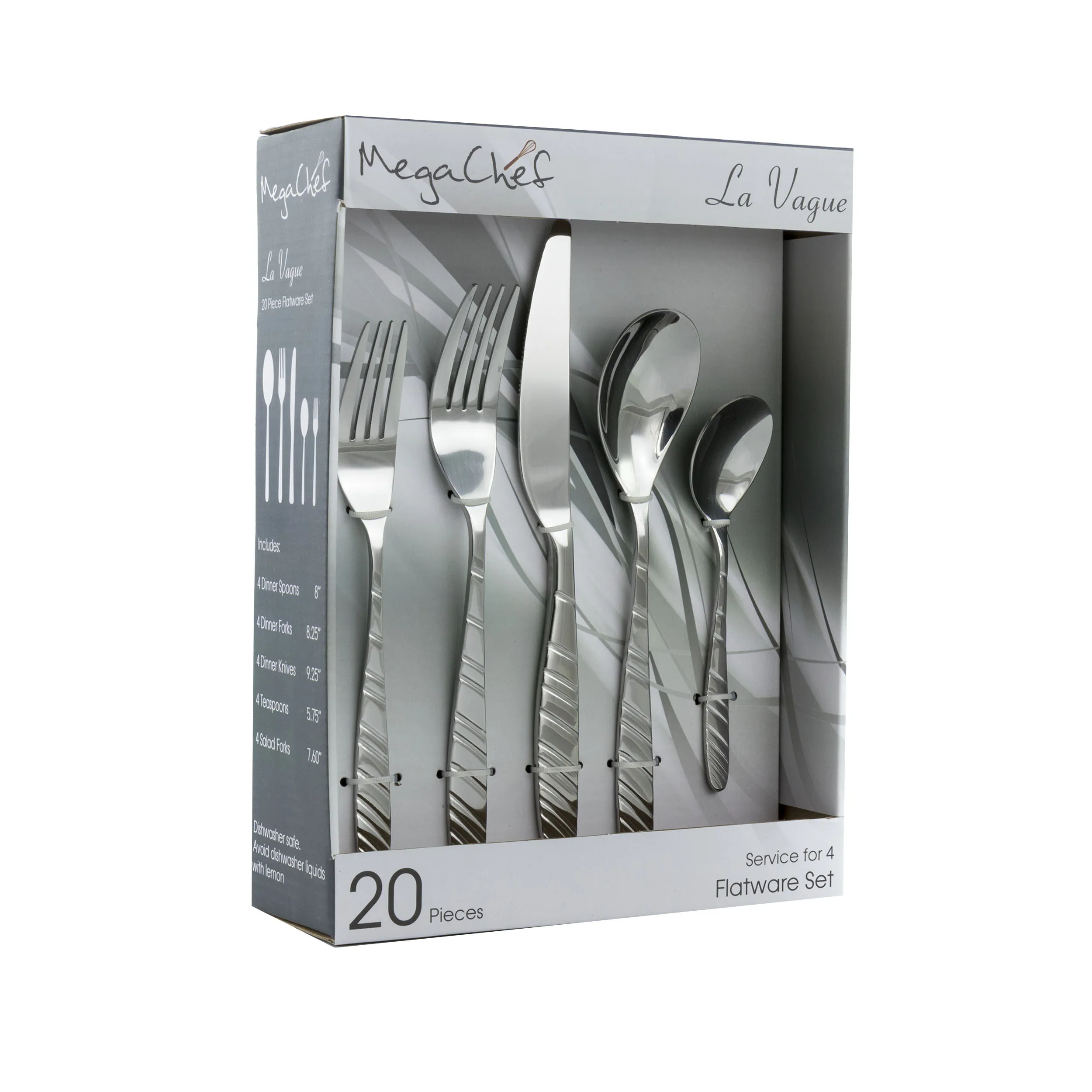 MegaChef MCFW-LA VAGUE-SILVER — MegaChef La Vague 20 Piece Flatware Utensil Set, Stainless Steel Silverware Metal Service for 4 in Silver
