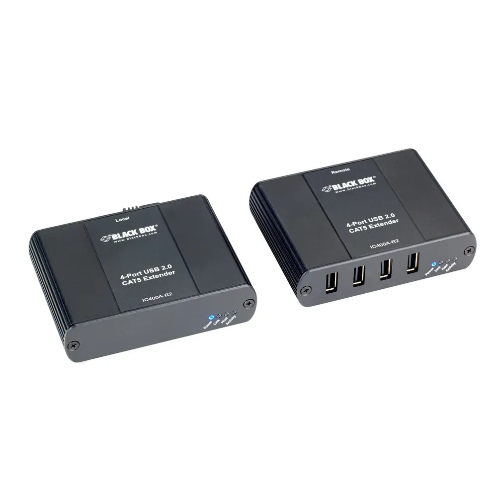 BLACK BOX CORPORATION IC400A-R2 — Black Box USB 2.0 Extender 4 Port CATx - 2 x Network (RJ-45) - 5 x USB - 328.08 ft Extended Range