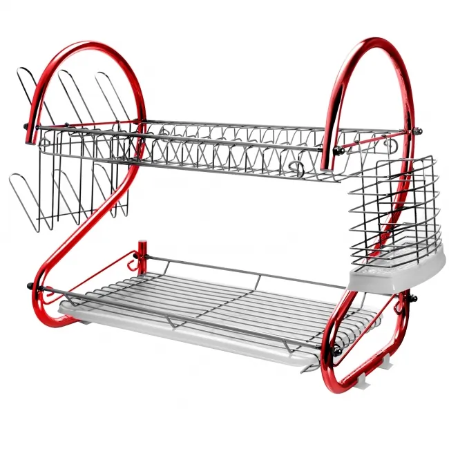 MegaChef DR-116R — MegaChef 16 Inch Two Shelf Iron Wire Dish Rack in Red