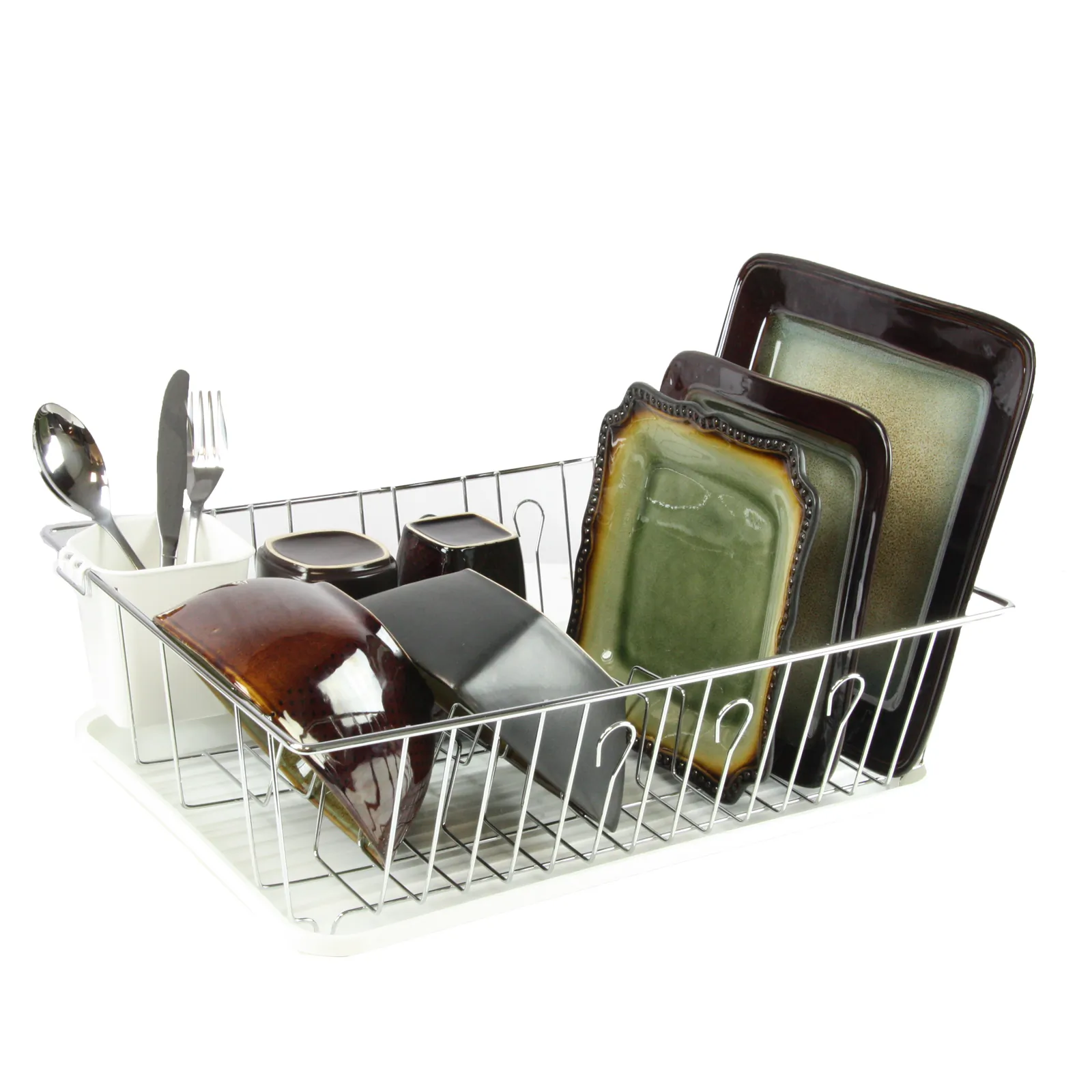 MegaChef DR-102 — MegaChef 17.5 Inch White Single Level Dish Rack with 14 Plate Positioners and a Detachable Utensil Holder