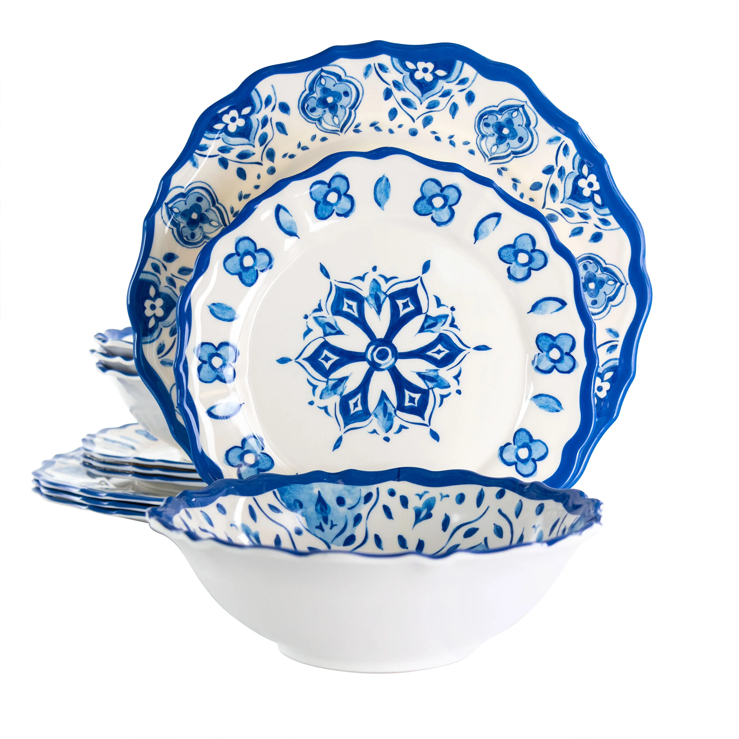 ELAMA EL-BLUEGARDEN — Elama Blue Garden 12 Piece Scalloped Lightweight Melamine Dinnerware Set in Blue