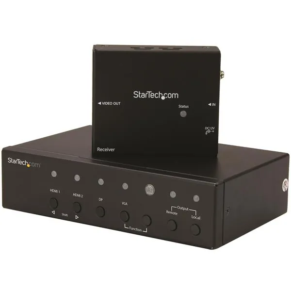 STARTECH STDHVHDBT — Multi-Input HDBaseT Extender with Built-in Switch - DisplayPort VGA and HDMI Over CAT5e or CAT6 - Up to 4K - up to 230 ft - Connect your laptop to a remote display over standard CAT5e or CAT6 cabling, and easily swap between HDMI, DP or VGA video sources - HDBaseT Extender - Resolutions up to 4K - HDMI over CAT5e or CAT6 - HDMI VGA DisplayPort to HDMI over CAT6 or CAT5e