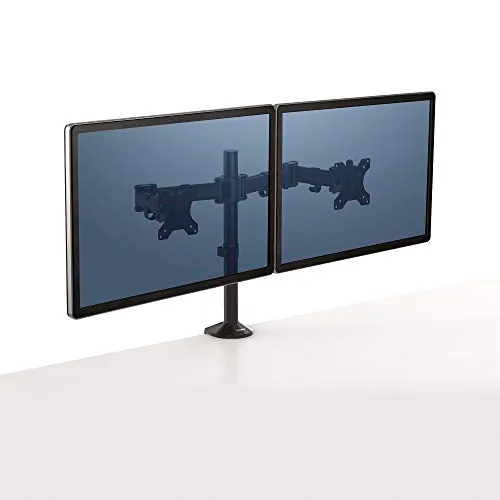 FELLOWES 8502601 — DUAL MONITOR ARM ELEVATES YOUR SCREENS OFF THE DESK TO ELIMINATE CLUTTER.  SET U