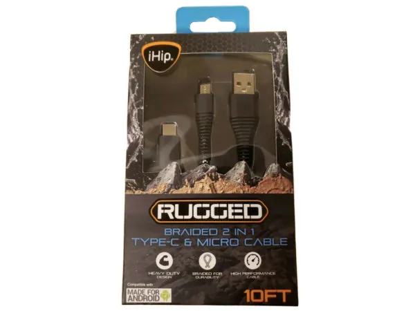 Bulk Buys BB823 — ihip Rugged 2-in-1 Braided 10 ft USB Type-C & Micro USB Cable