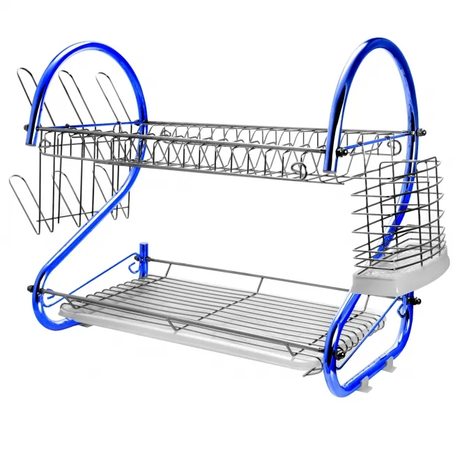 MegaChef DR-116B — MegaChef 16 Inch Two Shelf Iron Wire Dish Rack in Blue