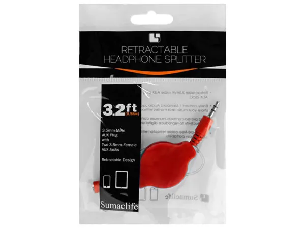 bulk buys EC422 - Portable Retractable 3.5mm Headphone Splitter - Red