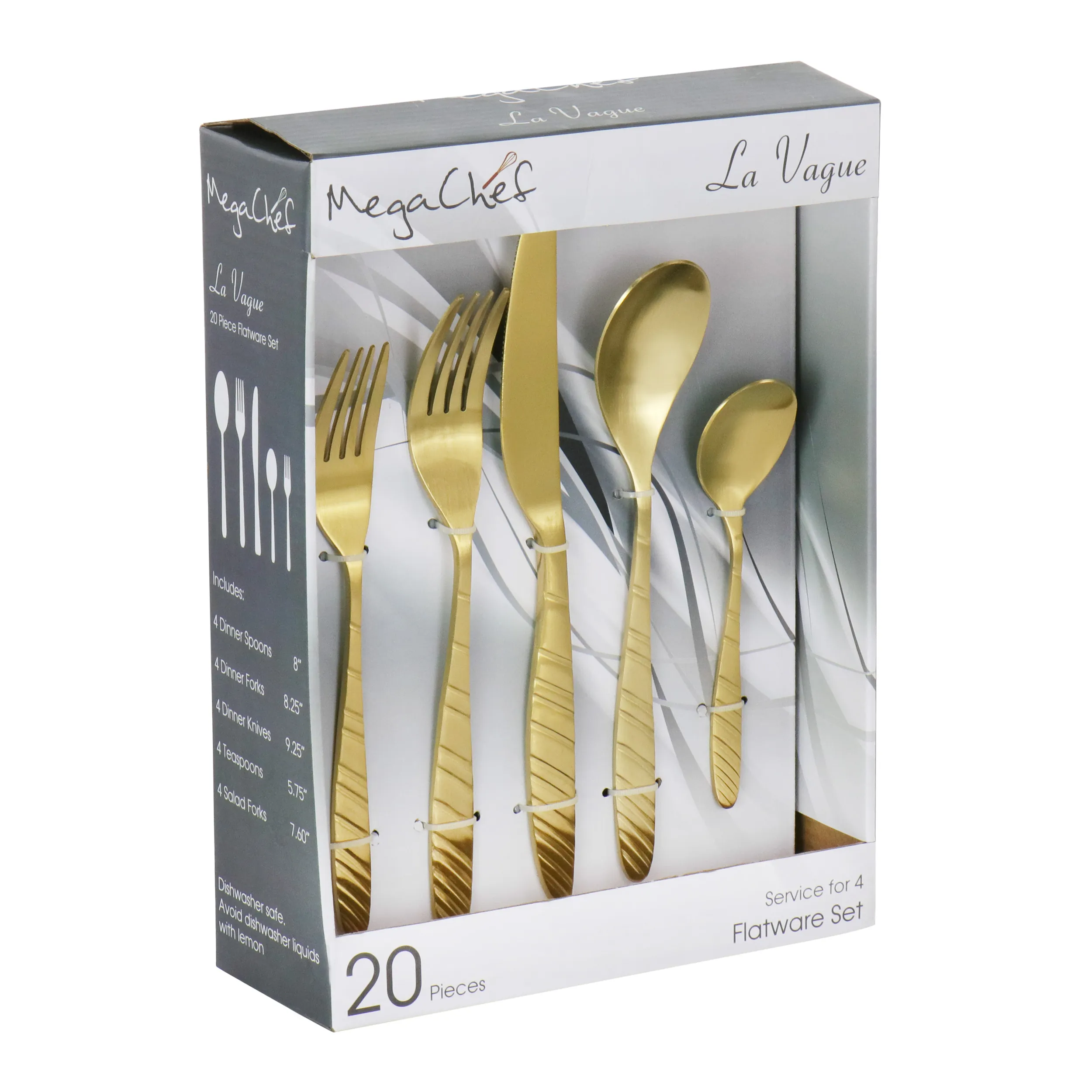 MegaChef MCFW-LA VAGUE-MATTEGOLD — Megachef La Vague 20 Piece Flatware Utensil Set, Stainless Steel Silverware Metal Service for 4 in Matte Gold
