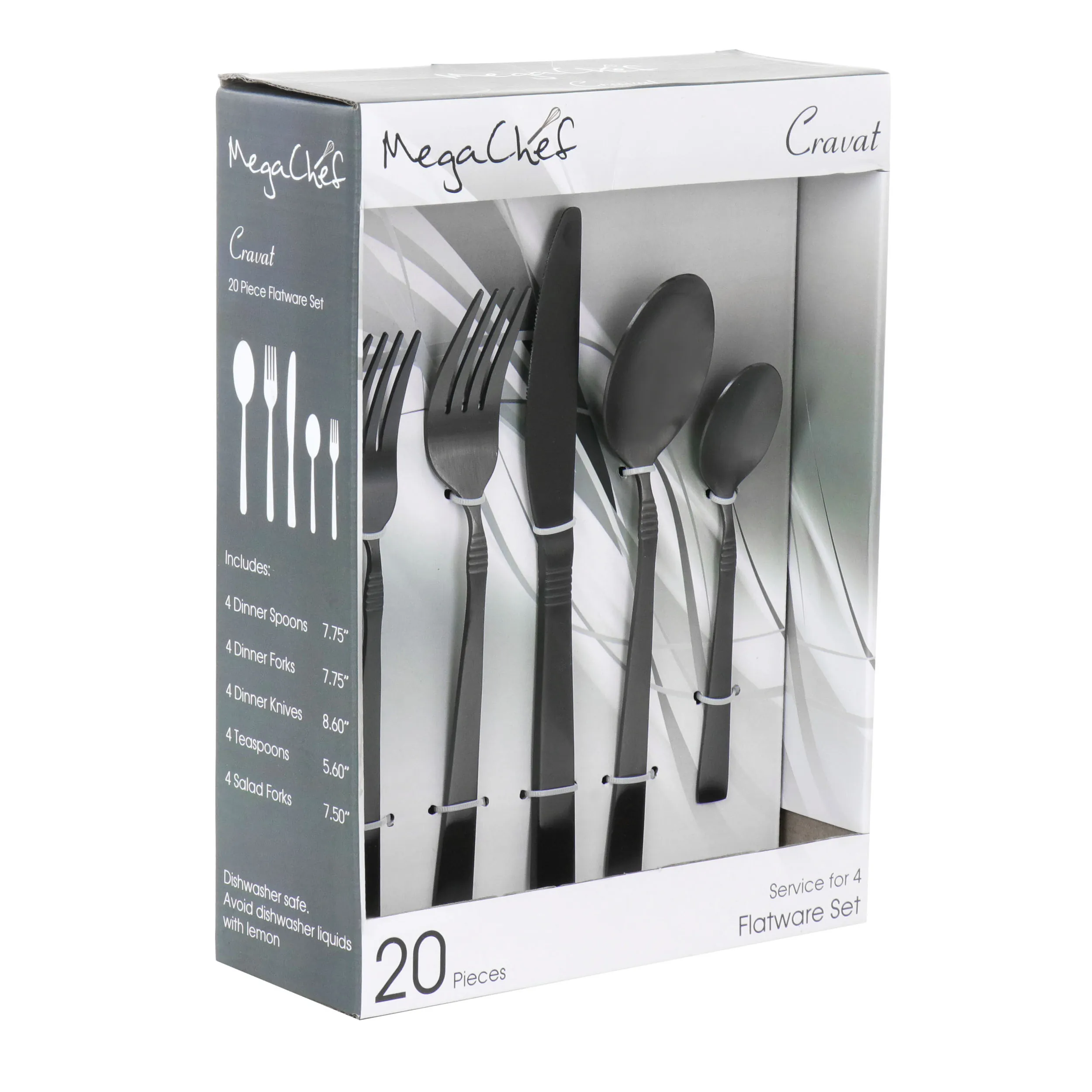 MegaChef MCFW-CRAVAT-MATTEBLACK — MegaChef Cravat 20 Piece Flatware Utensil Set, Stainless Steel Silverware Metal Service for 4 in Matte Black