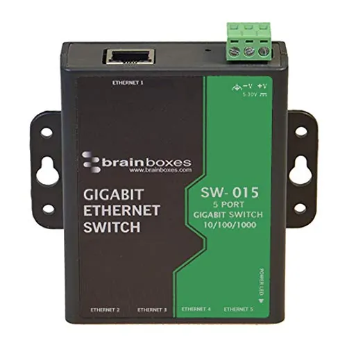 BRAINBOXES SW-015 — 5 PORT GIGABIT ETHERNET SWITCH TEMPERATURE RANGE +14F TO +140F.