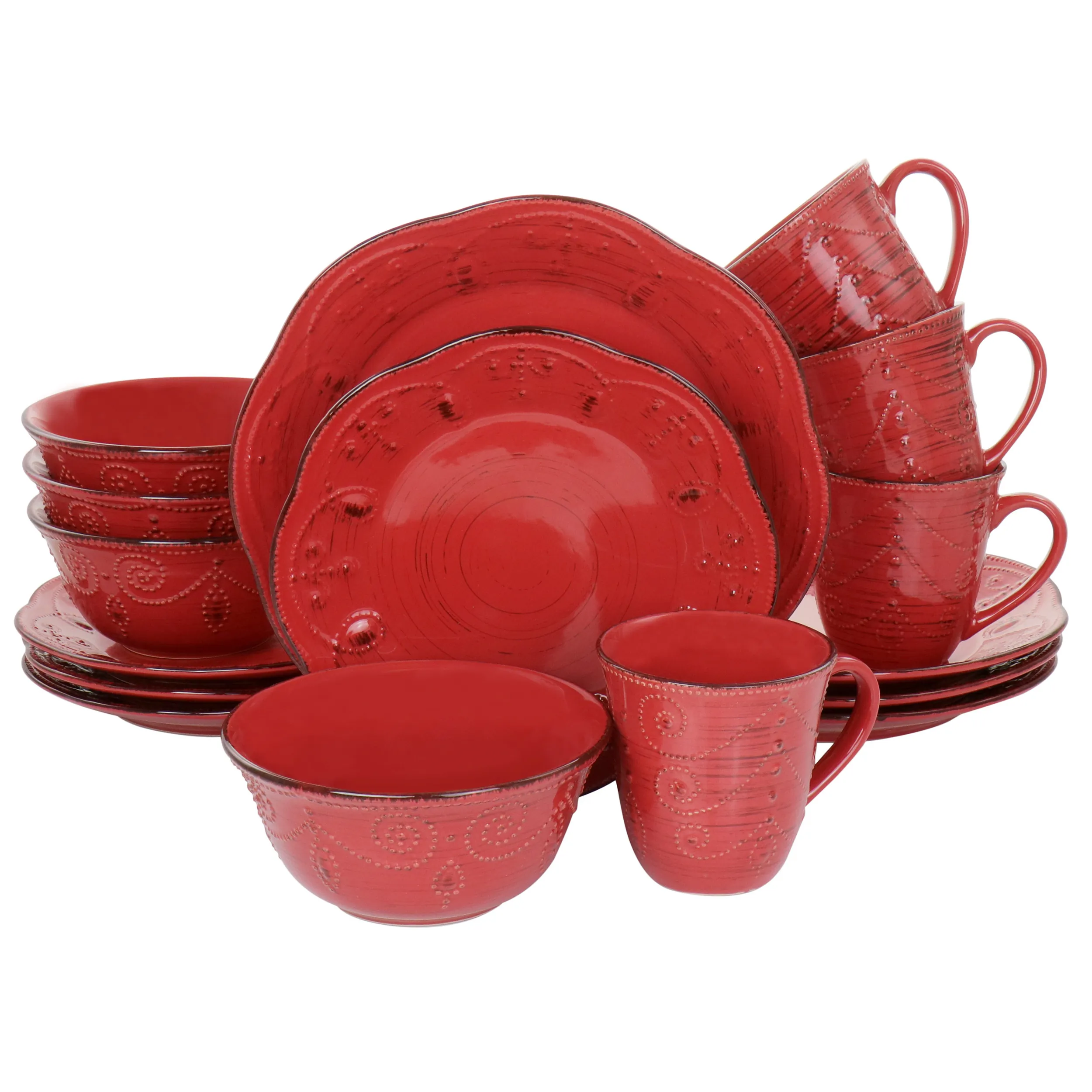 ELAMA EL-RUSTICBIRCHRED — Elama Rustic Birch 16 Piece Stoneware Dinnerware Set in Red