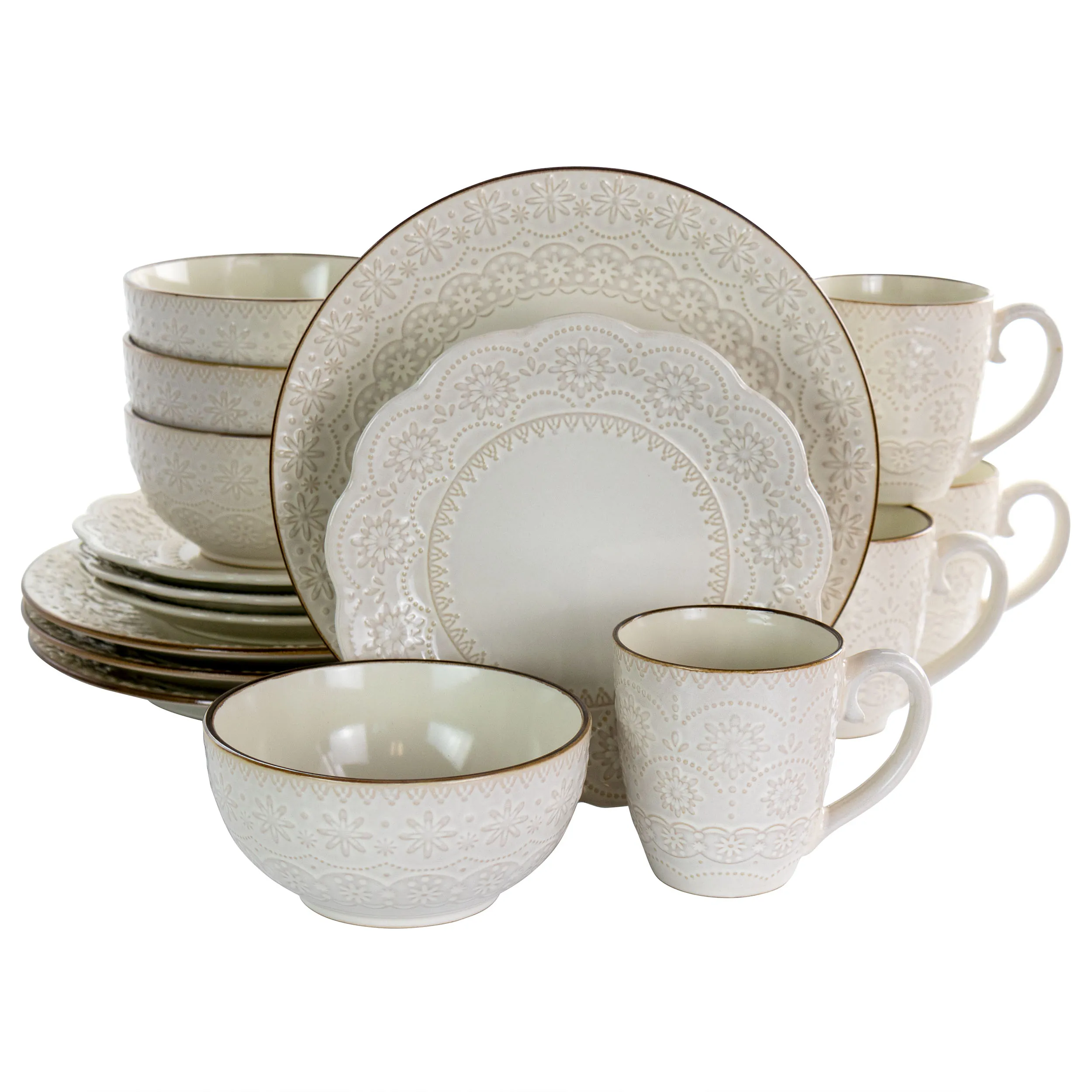 ELAMA EL-COUNTESS — Elama Countess 16 Piece Embossed Double Bowl Stoneware Dinnerware Set in Ivory