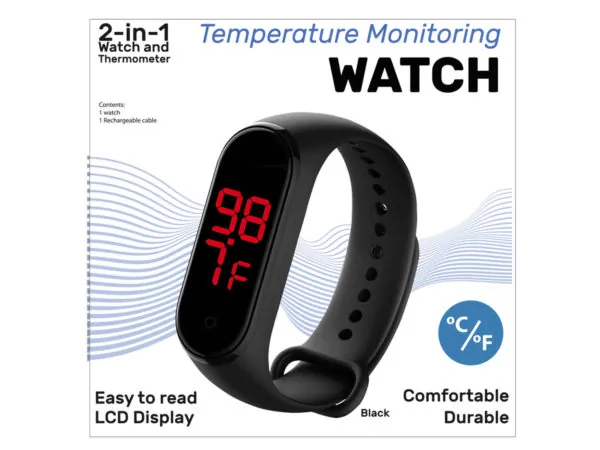 Bulk Buys HR455 — 2-in-1 Wristwatch Thermometer with Adjustable Band