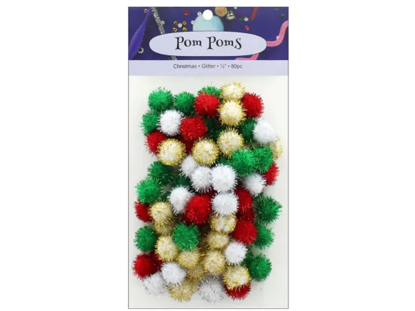 Bulk Buys CH537 — Festive Glitter Pom Poms - 80pc Assorted Colors