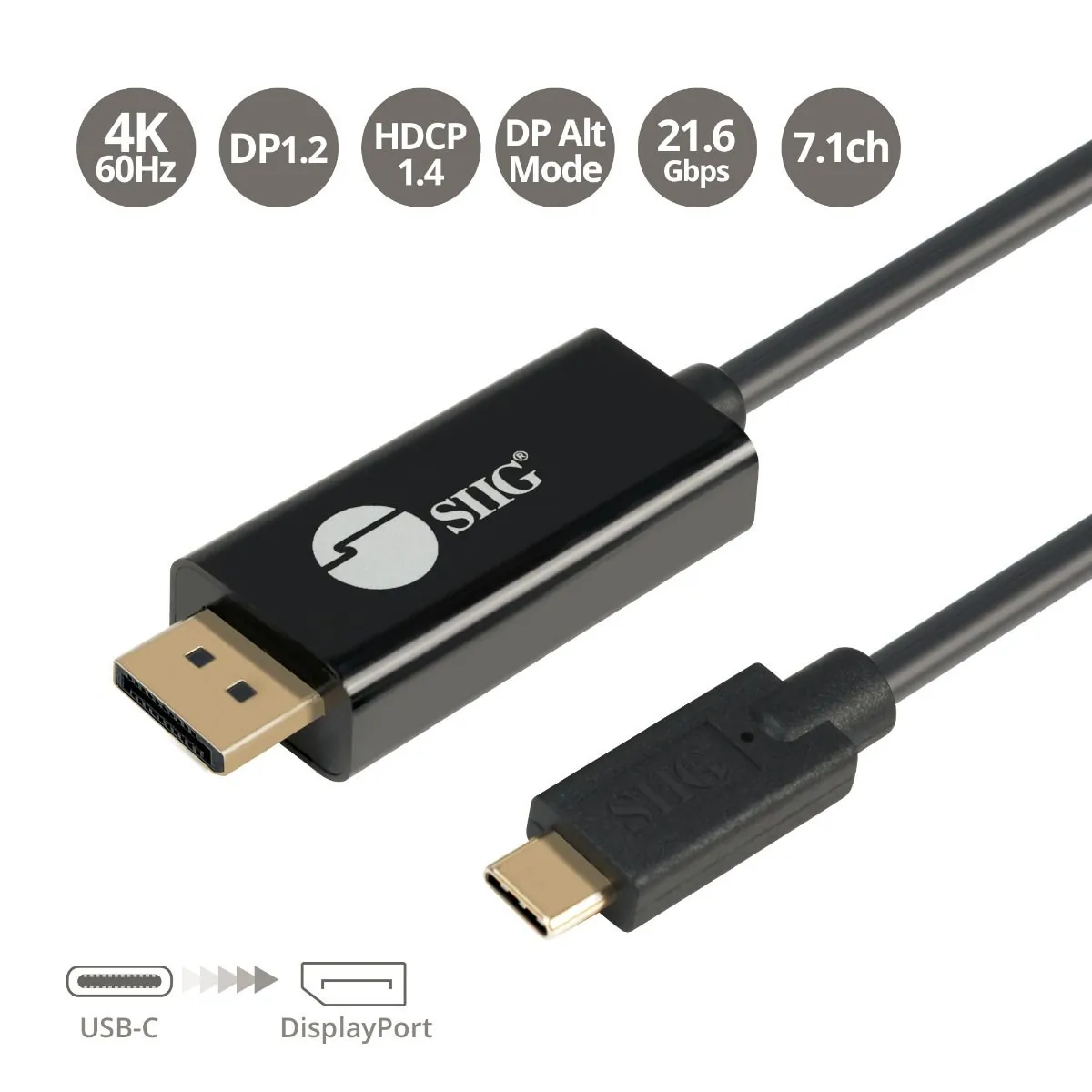 Siig CB-TC0K11-S1 — SIIG USB-C TO DP ACTIVE CABLE- 2M 4K60 4K@60HZ, FOR MAC (CB-TC0K11-S1)
