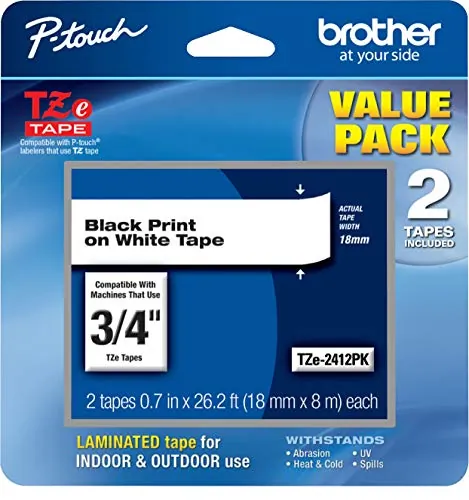 Brother TZE-2412PK — TZE2412PK LABEL TAPE - BLACK ON WHITE 18 MM- 2 / PACK
