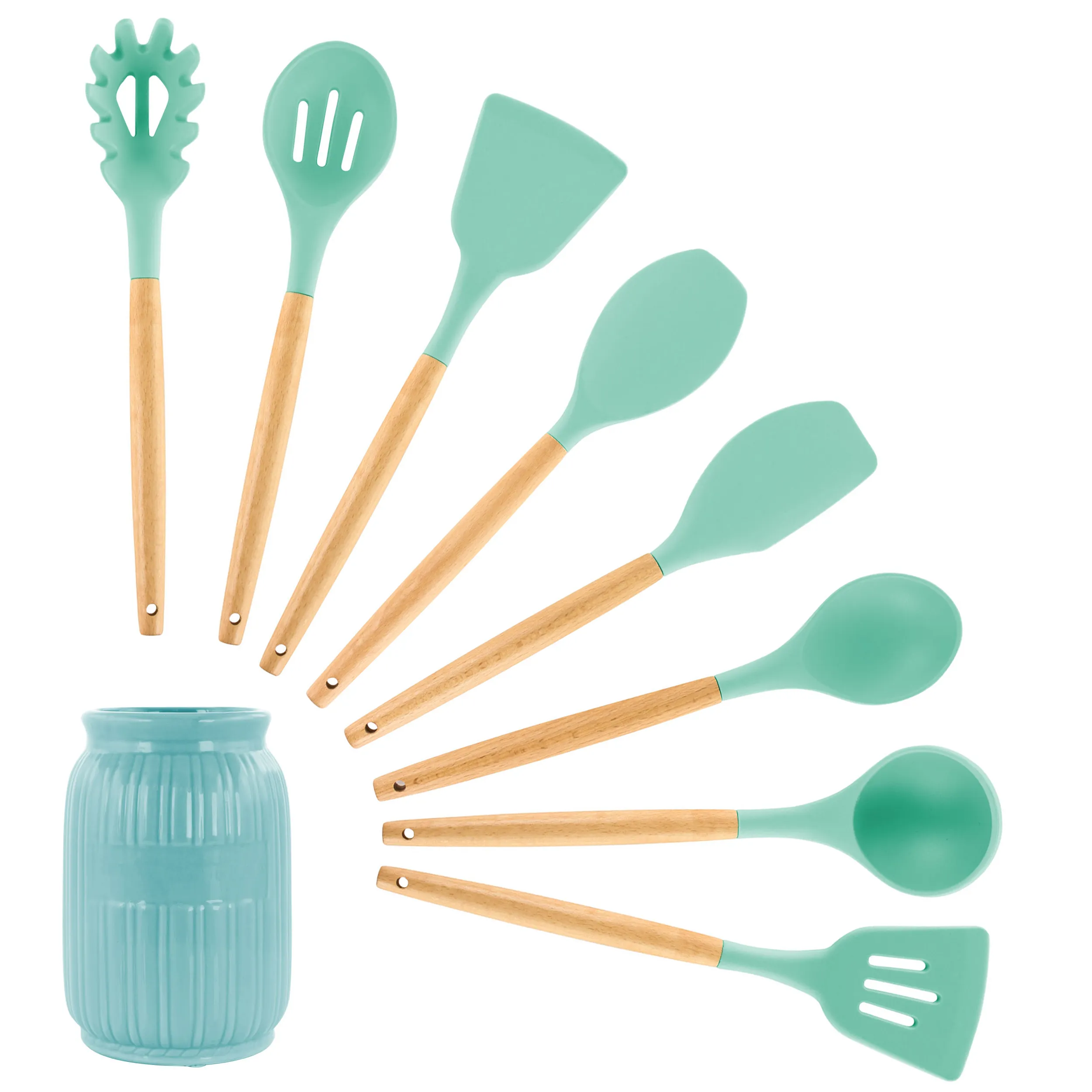 MegaChef MGSP-455 — MegaChef Mint Green Silicone and Wood Cooking Utensils, Set of 9