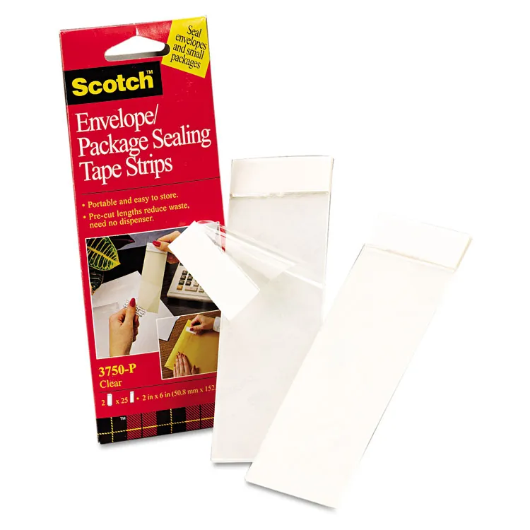 3M MMM 3750P2CR — Scotch Envelope/Package Sealing Tape Strips - 6 Length x 2 Width - 3.1 mil Thickness - 3 Core - Synthetic Rubber Backing - 2 / Pack - Clear