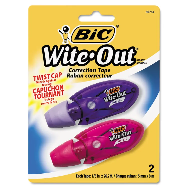 BIC BIC WOMTP21 — BIC Wite-Out Mini Correction Tape 2-pack - 0.20 Width x 19.67 ft Length - 1 Line(s) - White Tape - Micro White Dispenser - Odorless, Flexible Tip, Non-refillable, Protective Cover - 2 / Pack - White