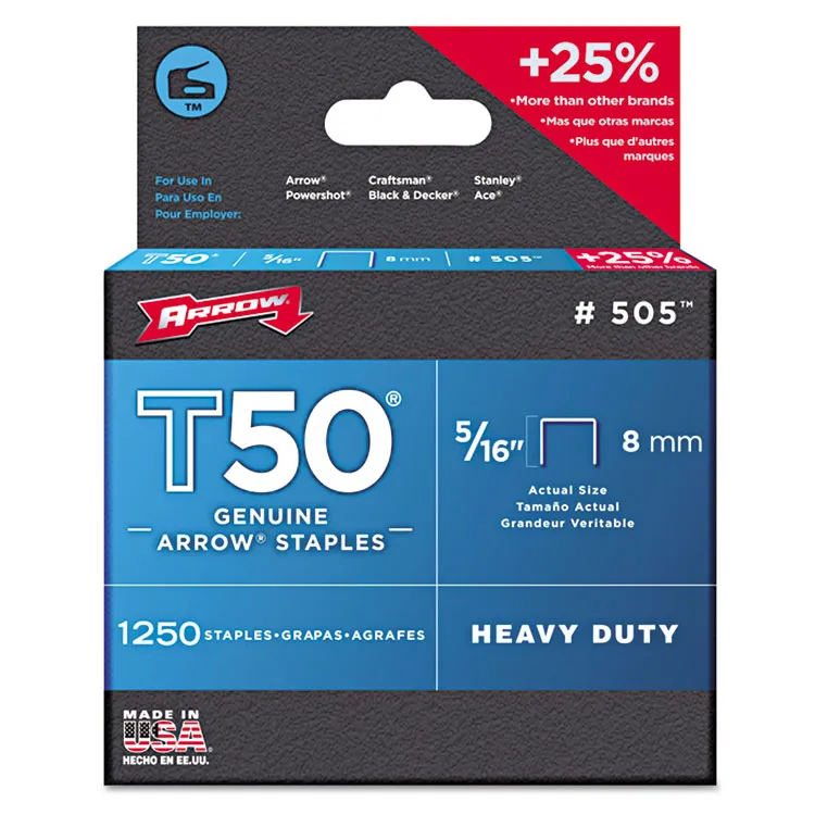 ARROW FASTENER 50824 — T50 Heavy Duty Staples 1250 Pack - 0.5" Leg, 0.38" Crown
