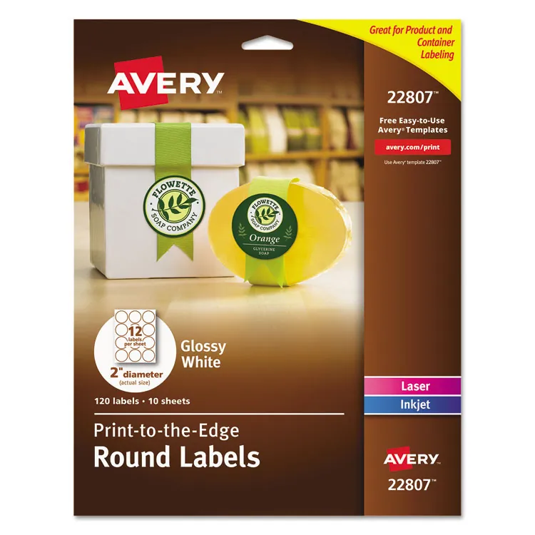Avery Dennison AVE 22830 — Avery® Glossy White Round Labels2r" - - Width2 1/2" Diameter - Permanent Adhesive - Round - Laser, Inkjet - Bright White - Paper - 9 / Sheet - 10 Total Sheets - 90 Total Label(s) - 90 / Pack