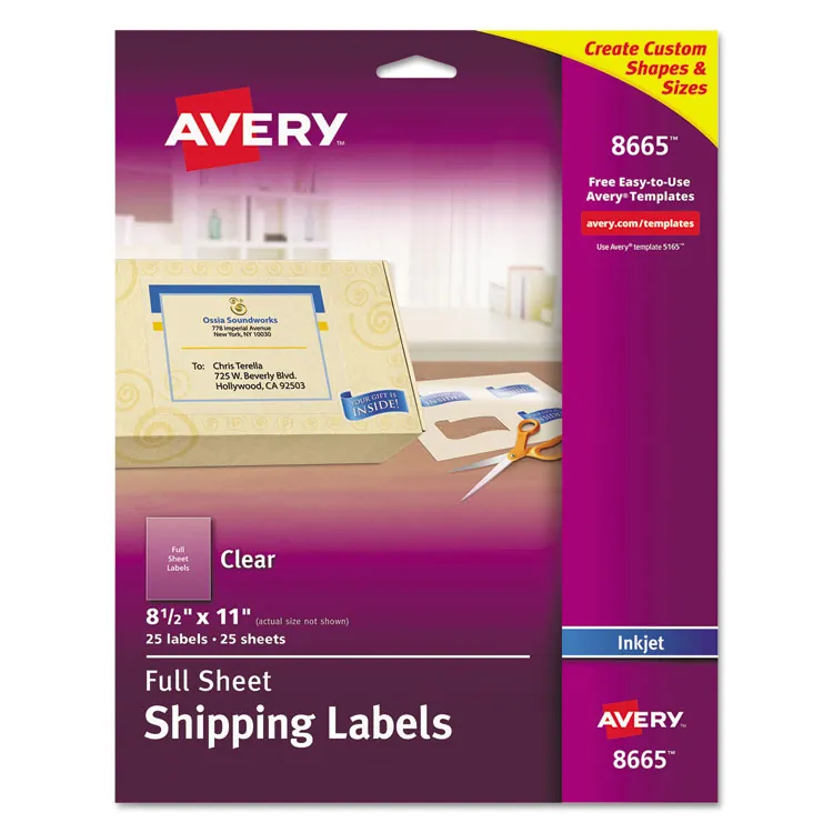 Avery Dennison AVE 8665 — Avery® Shipping Label - Permanent Adhesive - Rectangle - Inkjet - Frosted Clear - Film - 1 / Sheet - 25 Total Sheets - 25 Total Label(s) - 25 / Pack