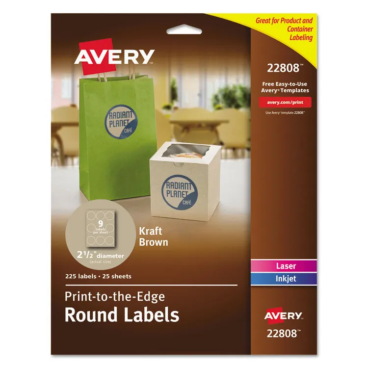 Avery Dennison 22808 — Avery® Print-To-The-Edge Kraft Brown Labels - Permanent Adhesive - Round - Laser, Inkjet - Kraft Brown - Paper - 9 / Sheet - 25 Total Sheets - 225 Total Label(s)