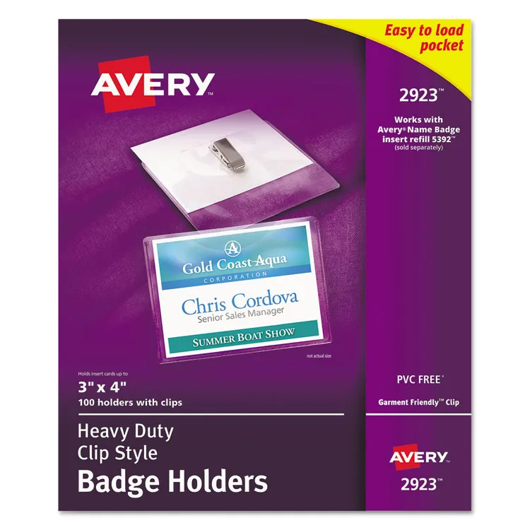Avery Dennison 2923 — Avery® Heavy-Duty Badge Holders - Clip Style - Support 3 x 4 Media - Horizontal - 4 x 3 - Plastic - 100 / Box - Clear