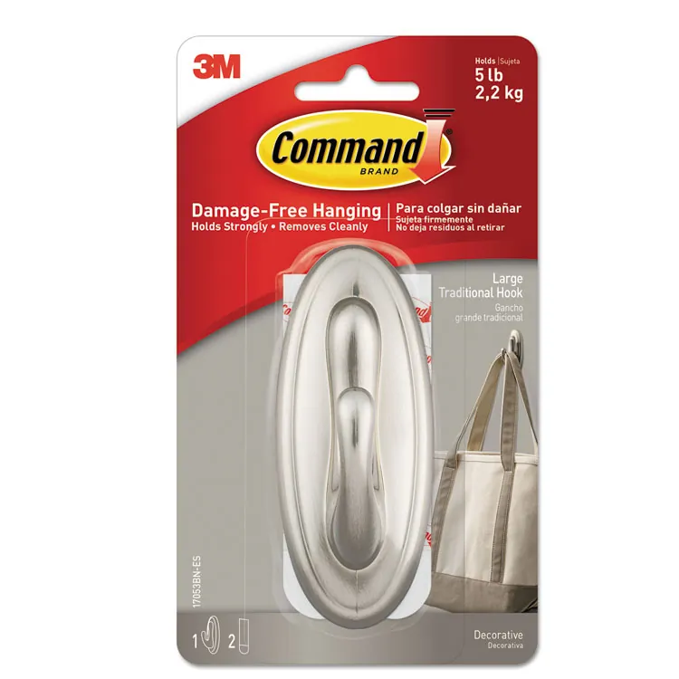 3M MMM 17053BNES — Command Traditional Hook - Large - 5 lb (2.27 kg) Capacity - for Decoration, Indoor - Plastic - Metallic Silver - 1 / Pack