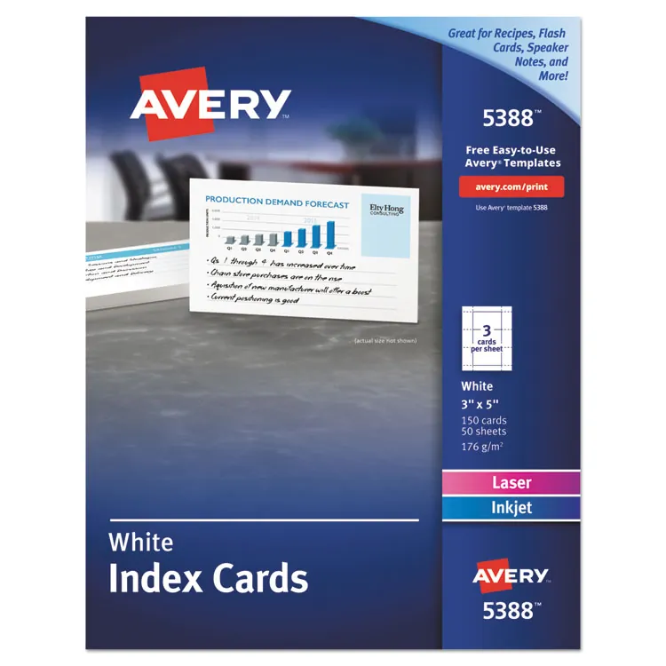 Avery Dennison AVE 5388 — Avery® Laser, Inkjet Printable Index Card - White - 97 Brightness - A7 - 3 x 5 - 150 / Box - FSC Mix