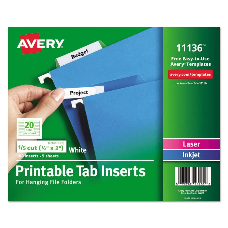 Avery Dennison AVE 11136 — Avery® Printable Tab Inserts for Hanging File Folders - Print-on Tab(s) - 5 Tab(s)/Set2 Tab Width - White Tab(s) - 1 / Pack