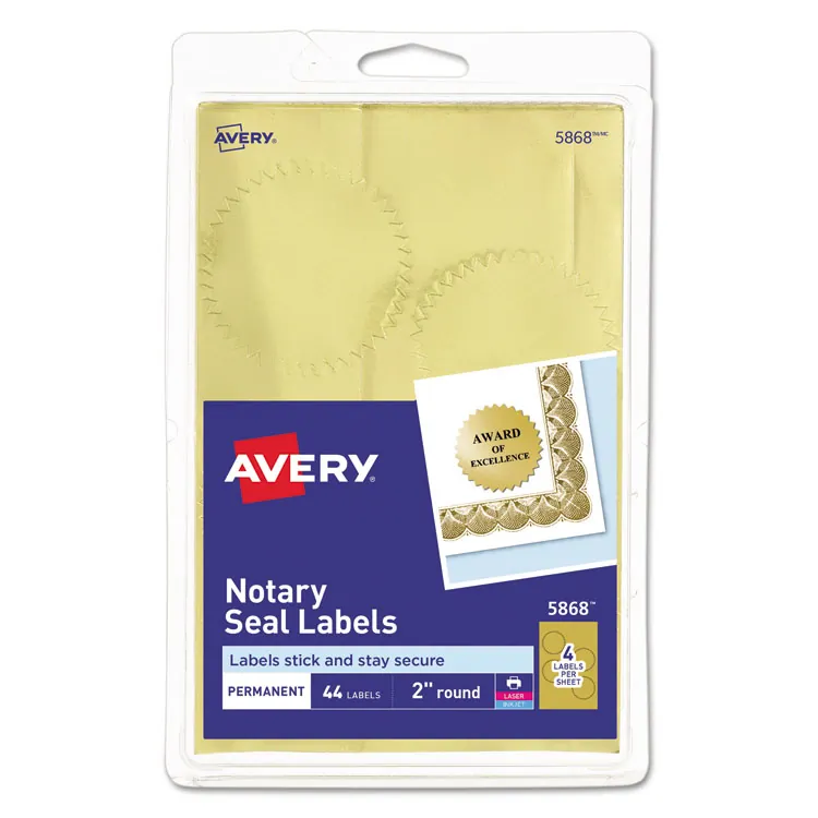 Avery Dennison AVE 05868 — Avery® Printable Gold Foil Notarial Seals - Round - 2 Diameter - Permanent - For Award, Certificate, Envelope, Legal Document - Gold - 42 / Pack