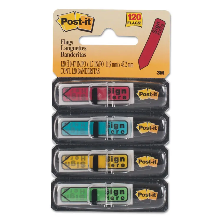 3M MMM 684SD — Post-it® 1/2W Arrow Message Flags - 4 Dispensers - 80 - 0.50 x 1.75 - Arrow, Rectangle - Unruled - Sign & Date - Blue, Green, Red, Yellow, Assorted - Self-adhesive, Repositionable, Removable - 80 / Pack