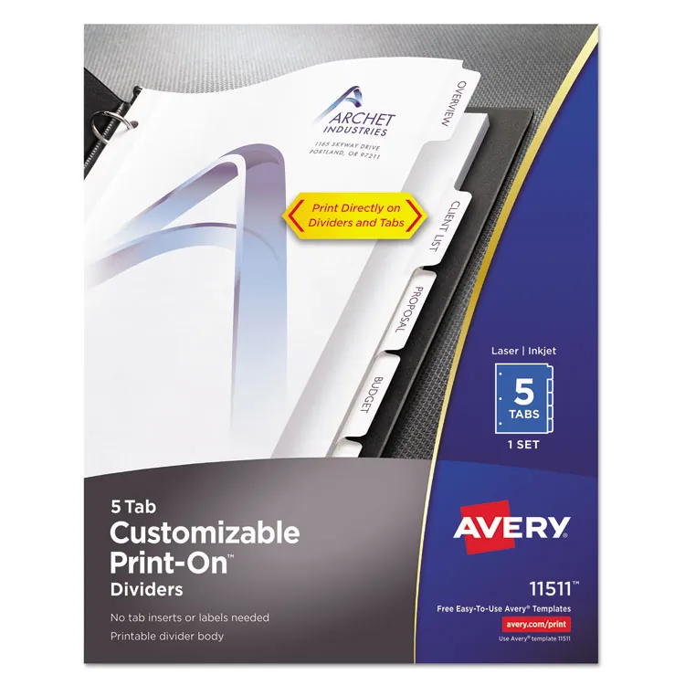 Avery Dennison AVE 11515 — Avery® Customizable Print-On Dividers - 25 x Divider(s) - Print-on Tab(s) - 5 - 5 Tab(s)/Set - 8.5 Divider Width x 11 Divider Length - 3 Hole Punched - White Paper Divider - White Paper Tab(s) - 1 / Pack