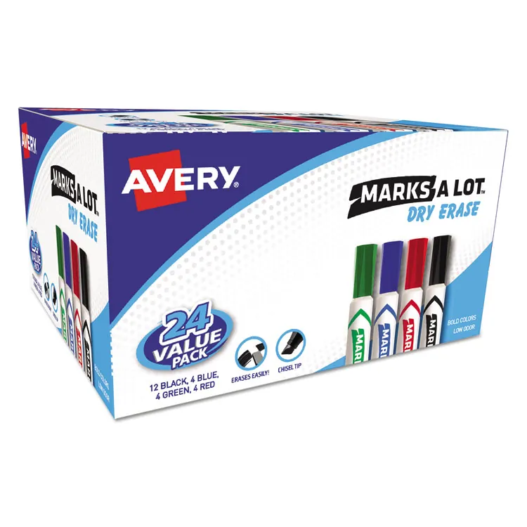 Avery Dennison AVE 29870 — Avery® Desk & Pen-Style Dry Erase Markers - Chisel Marker Point Style - Black, Blue, Green, Red - Assorted Barrel - 24 / Box