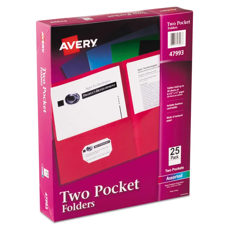 Avery Dennison AVE 47991 — Avery® Letter Pocket Folder - 8 1/2 x 11 - 40 Sheet Capacity - 2 Internal Pocket(s) - Embossed Paper - White - 25 / Box